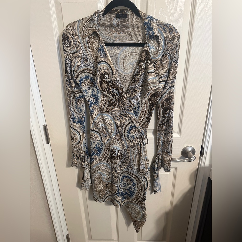Aura Paisley Collared V Neck Drape Front Long Sleeve Ruffle Dress, Blue & Brown